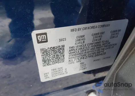 2024 Chevrolet Trax Fwd Sp z USA, uszkodzony, nr VIN KL77LFE27RC160419